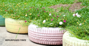 painted tires lined up on the ground with flower gardens planted in the center