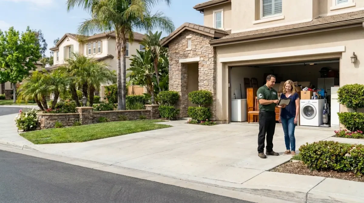 Technician in uniform shows a tablet to a woman in the driveway in front of a suburban home, with laundry appliances visible in the open garage.